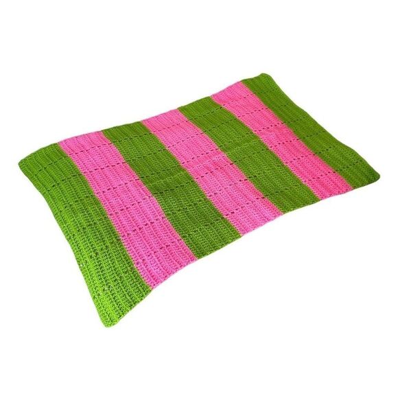 Cuddledown Hospitality Striped Knit Throw Blanket Green Pink 41” x 26” - Picture 1 of 4